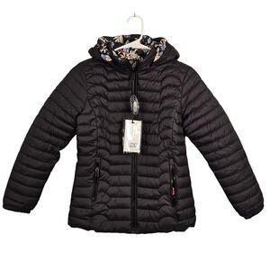 Girls Puffer Jacket Hooded Reversible Floral Black Size 10 Removable Hood New